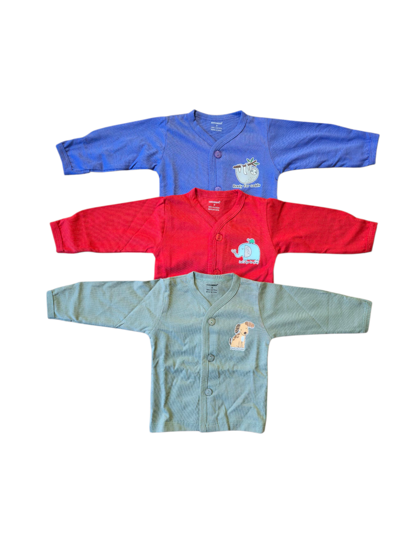 Baby Unisex Front Open Full Sleeves 100% Cotton T-Shirt ( 3 Pairs )