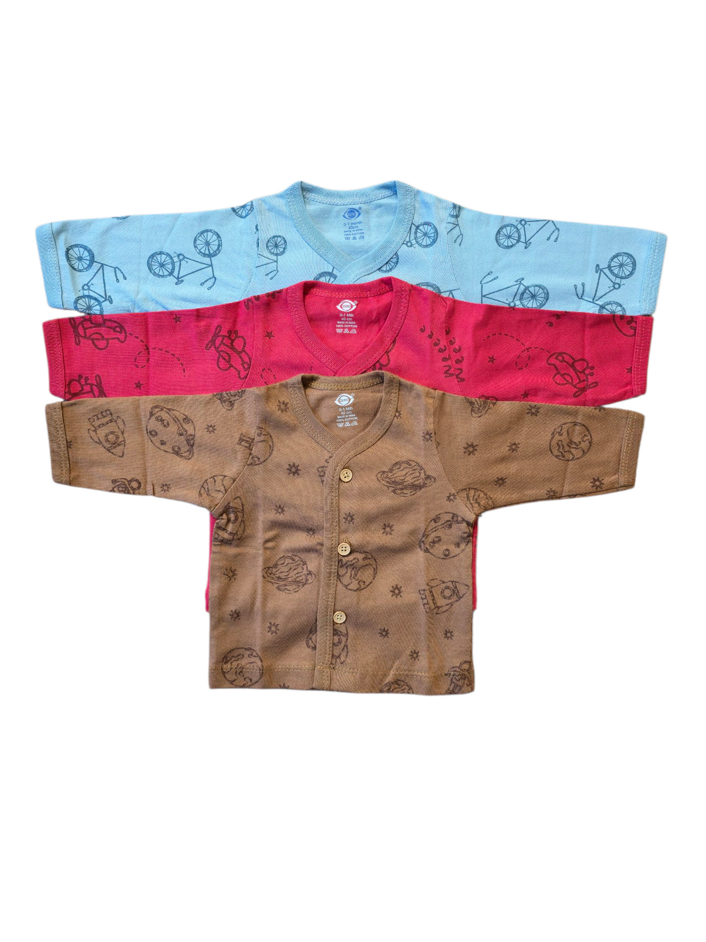 Baby Unisex Front Open Full Sleeves 100% Cotton T-Shirt ( 3 Pairs )